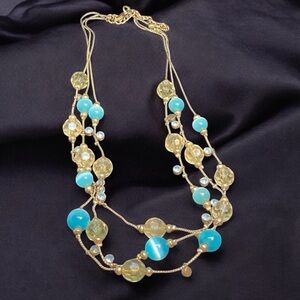 Vintage Multi- Strand Layered Blue Cat Eye & Faceted Beads Gold Tone Necklace.